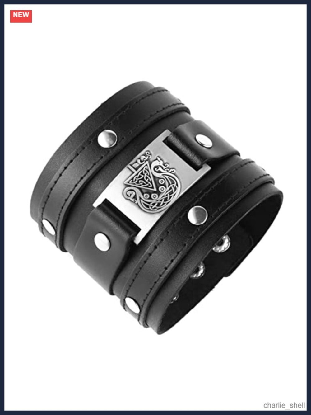 Leather Cuff Bracelet Viking Dragon Boat Trinity Knot Metal Snap Adjustable
